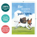 Load image into Gallery viewer, The cover of Tree-Free’s Gate Left Open card with lines demonstrating its 5x7 dimensions, along with the following text: “100% PCW recycled paper, proudly made in the USA, sustainably printed on extra-thick card stock”
