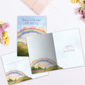 Load image into Gallery viewer, The inside of Tree-Free’s Sweet Dog Rainbow card, with the cover and envelope in the background.
