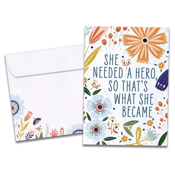 The cover of Tree-Free's What She Became card, along with its matching envelope.