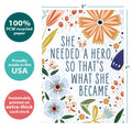 Load image into Gallery viewer, The cover of Tree-Free’s What She Became card with lines demonstrating its 5x7 dimensions, along with the following text: “100% PCW recycled paper, proudly made in the USA, sustainably printed on extra-thick card stock”

