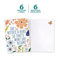 Load image into Gallery viewer, The cover and inside of Tree-Free’s What She Became card, along with the following text: “6 greeting cards, 6 matching envelopes”
