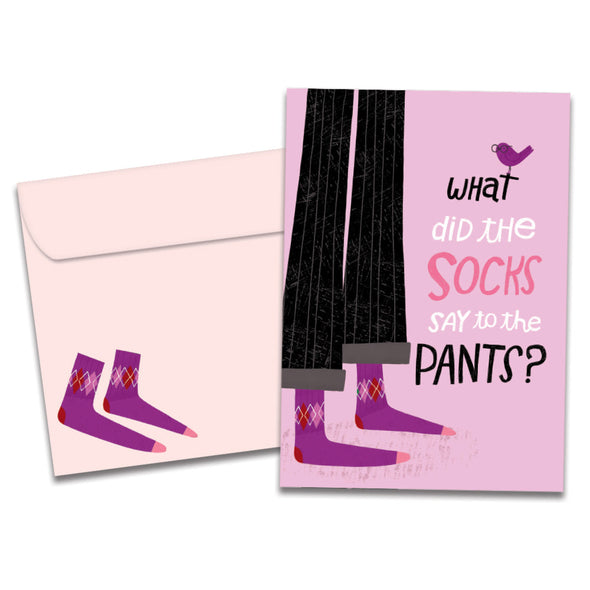The cover of Tree-Free's Socks and Pants card, along with its matching envelope.