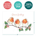 Load image into Gallery viewer, The cover of Tree-Free’s Bird Beauty card with lines demonstrating its 5x7 dimensions, along with the following text: “100% PCW recycled paper, proudly made in the USA, sustainably printed on extra-thick card stock”
