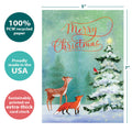Load image into Gallery viewer, The cover of Tree-Free’s Winter Joy card with lines demonstrating its 5x7 dimensions, along with the following text: “100% PCW recycled paper, proudly made in the USA, sustainably printed on extra-thick card stock”
