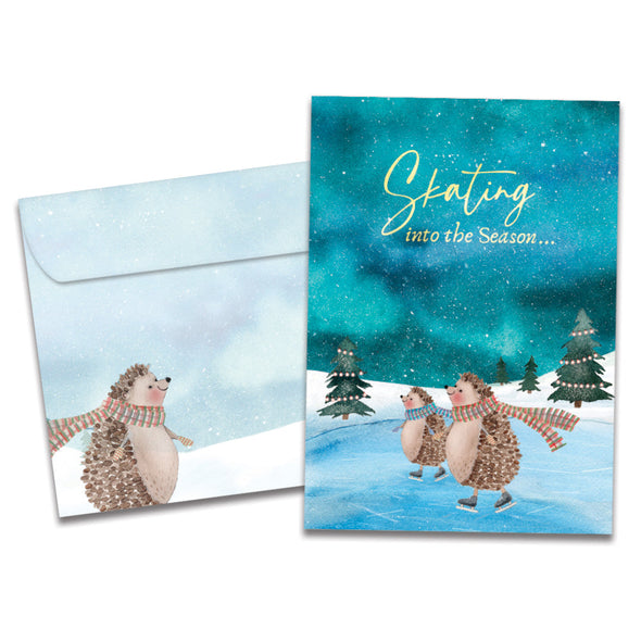 The cover of Tree-Free's Happy Hedgehogs card, along with its matching envelope.