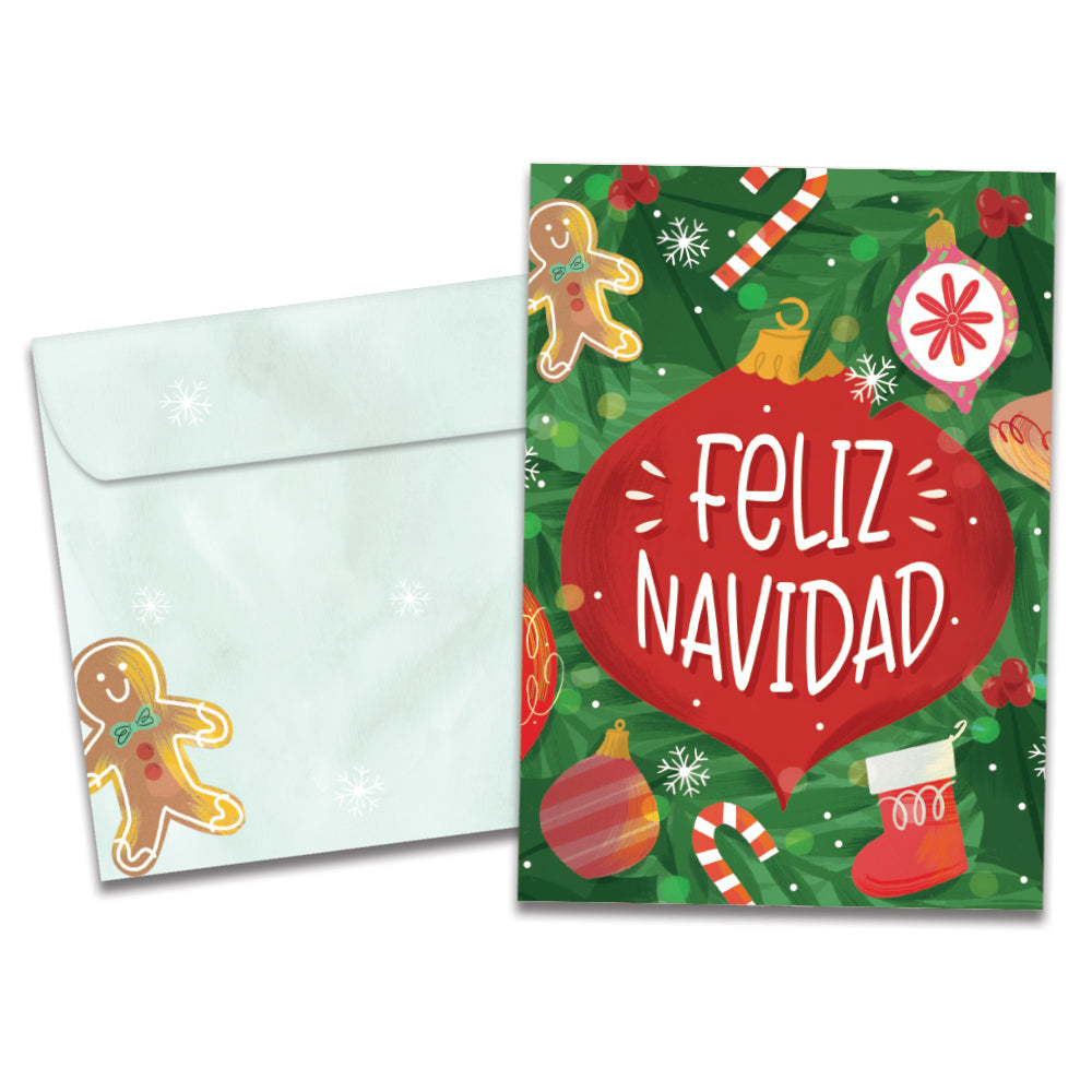 The cover of Tree-Free's Navidad Ornament card, along with its matching envelope.