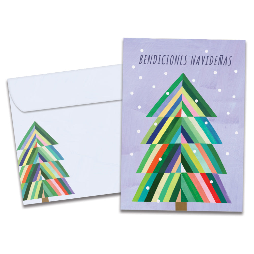 The cover of Tree-Free's Navidenas Tree card, along with its matching envelope.