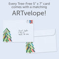Load image into Gallery viewer, The envelope for Tree-Free’s Navidenas Tree card, along with the following text: “Every Tree-Free 5x7 card comes with a matching ARTvelope!”
