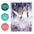 Load image into Gallery viewer, The cover of Tree-Free’s Owl Calmness card with lines demonstrating its 5x7 dimensions, along with the following text: “100% PCW recycled paper, proudly made in the USA, sustainably printed on extra-thick card stock”

