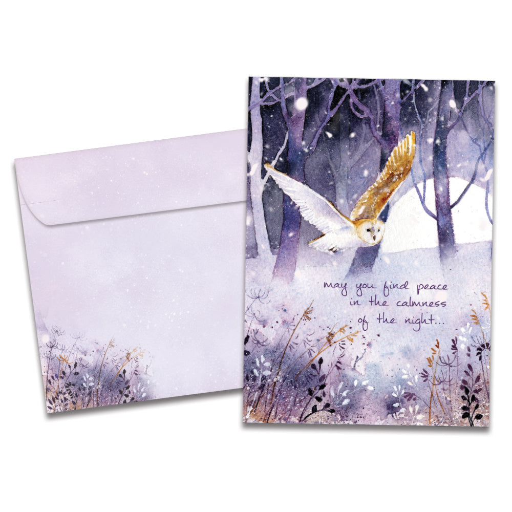 The cover of Tree-Free's Owl Calmness card, along with its matching envelope.