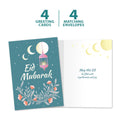 Load image into Gallery viewer, The cover and inside of Tree-Free’s Lantern Joy card, along with the following text: “4 greeting cards, 4 matching envelopes”

