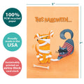 Load image into Gallery viewer, The cover of Tree-Free’s Wrapped Pets card with lines demonstrating its 5x7 dimensions, along with the following text: “100% PCW recycled paper, proudly made in the USA, sustainably printed on extra-thick card stock”
