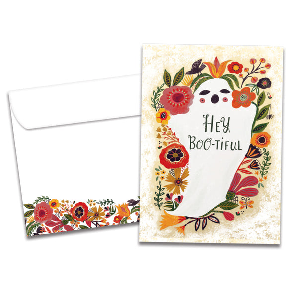 The cover of Tree-Free's Bootiful Ghost card, along with its matching envelope.