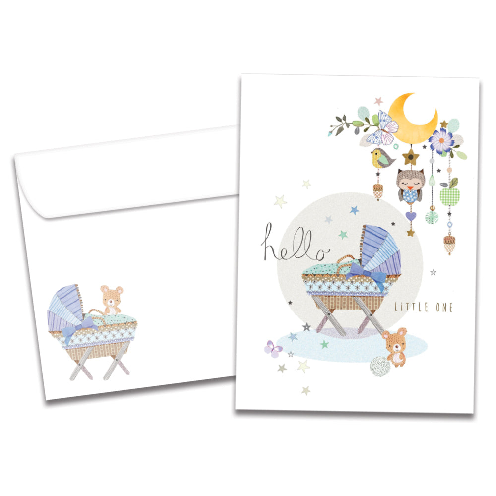 Cover of Hello Little One New Baby card (featuring script and serif text next to artwork of a bassinet surrounded by stars and various stuffed animals) and its matching envelope