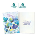 Load image into Gallery viewer, The cover and inside of Tree-Free’s Blue Floral Dragonflies card, along with the following text: “6 greeting cards, 6 matching envelopes”
