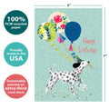 Load image into Gallery viewer, The cover of Tree-Free’s Spot On Dog card with lines demonstrating its 5x7 dimensions, along with the following text: “100% PCW recycled paper, proudly made in the USA, sustainably printed on extra-thick card stock”

