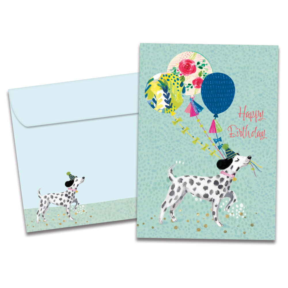 Cover of Spot On Dog Birthday card (featuring script text next to artwork of a dalmation holding three balloons in its mouth) and its matching envelope