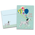 Load image into Gallery viewer, Cover of Spot On Dog Birthday card (featuring script text next to artwork of a dalmation holding three balloons in its mouth) and its matching envelope
