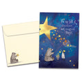 Load image into Gallery viewer, Cover of Stardust Bear Birthday card (featuring script and serif text above artwork of a bear and a girl catching stars in a bucket) and its matching envelope
