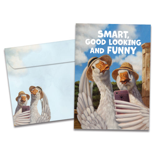 Cover of Good Looking Ducks Anniversary card (featuring serif text above artwork of two ducks taking a selfie) and its matching envelope