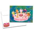 Load image into Gallery viewer, Cover of Animal Tea Party Birthday card (featuring serif text above and below artwork of various animals sitting at a table having cake and tea) and its matching envelope
