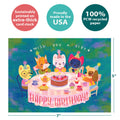 Load image into Gallery viewer, The cover of Tree-Free’s Animal Tea Party card with lines demonstrating its 5x7 dimensions, along with the following text: “100% PCW recycled paper, proudly made in the USA, sustainably printed on extra-thick card stock”
