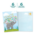 Load image into Gallery viewer, The cover and inside of Tree-Free’s Elephant Flowers card, along with the following text: “6 greeting cards, 6 matching envelopes”
