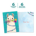 Load image into Gallery viewer, The cover and inside of Tree-Free’s Amazing Llama card, along with the following text: “6 greeting cards, 6 matching envelopes”
