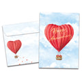 Load image into Gallery viewer, Cover of Heart Air Balloon Anniversary card (featuring script text over artwork of a heart-shaped hot air balloon) and its matching envelope
