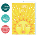 Load image into Gallery viewer, The cover of Tree-Free’s Sun Kindness card with lines demonstrating its 5x7 dimensions, along with the following text: “100% PCW recycled paper, proudly made in the USA, sustainably printed on extra-thick card stock”
