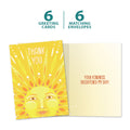 Load image into Gallery viewer, The cover and inside of Tree-Free’s Sun Kindness card, along with the following text: “6 greeting cards, 6 matching envelopes”
