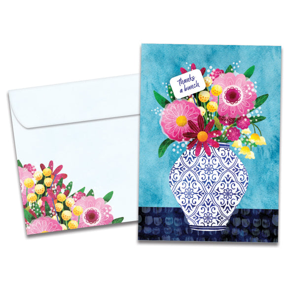 Cover of Thanks a Bunch Thank You card (featuring script text above artwork of a vase filled with flowers) and its matching envelope