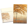 Load image into Gallery viewer, Cover of Autumn Memories Sympathy card (featuring script and serif text below artwork of trees) and its matching envelope
