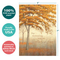 Load image into Gallery viewer, The cover of Tree-Free’s Autumn Memories card with lines demonstrating its 5x7 dimensions, along with the following text: “100% PCW recycled paper, proudly made in the USA, sustainably printed on extra-thick card stock”

