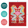 Load image into Gallery viewer, The cover of Tree-Free’s Dragon Lantern card with lines demonstrating its 5x7 dimensions, along with the following text: “100% PCW recycled paper, proudly made in the USA, sustainably printed on extra-thick card stock”
