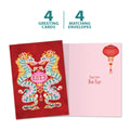 Load image into Gallery viewer, The cover and inside of Tree-Free’s Dragon Lantern card, along with the following text: “4 greeting cards, 4 matching envelopes”
