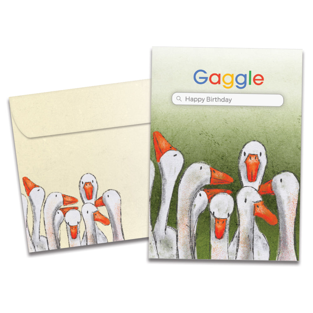 Cover of Gaggle Search Birthday card (featuring serif text above artwork of several geese) and its matching envelope