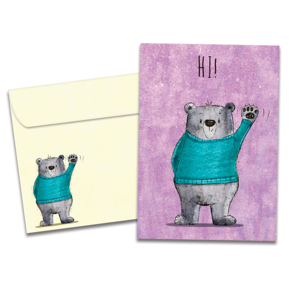 Cover of Hi Bear All Occasion card (featuring serif text above artwork of a bear wearing a sweater and waving) and its matching envelope
