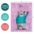 Load image into Gallery viewer, The cover of Tree-Free’s Hi Bear card with lines demonstrating its 5x7 dimensions, along with the following text: “100% PCW recycled paper, proudly made in the USA, sustainably printed on extra-thick card stock”
