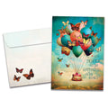Load image into Gallery viewer, Cover of Happiness Balloons Birthday card (featuring serif text next to artwork of a cake surrounded by balloons and butterflies) and its matching envelope
