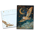 Load image into Gallery viewer, Cover of Lucky Owl Birthday card (featuring serif text below artwork of an owl flying below the moon surrounded by hearts and stars) and its matching envelope
