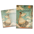Load image into Gallery viewer, Cover of Angels and Blessings Support &amp; Encouragement card (featuring serif text above artwork of an angel standing below the sun) and its matching envelope

