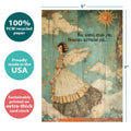 Load image into Gallery viewer, The cover of Tree-Free’s Angels and Blessings card with lines demonstrating its 5x7 dimensions, along with the following text: “100% PCW recycled paper, proudly made in the USA, sustainably printed on extra-thick card stock”
