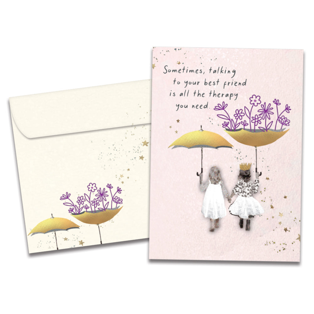 Cover of Wonderful Umbrellas Just Because card (featuring serif text above artwork of two girls holding umbrellas and each other's hands) and its matching envelope