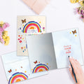 Load image into Gallery viewer, The inside of Tree-Free’s Always Rainbow card, with the cover and envelope in the background.
