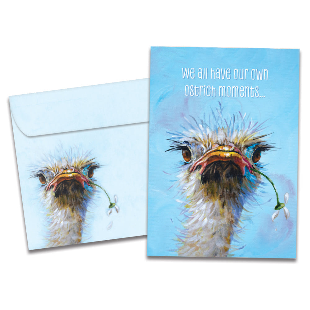 Cover of Forgetful Ostrich Belated Birthday card (featuring serif text above artwork of an ostrich holding a flower in its mouth) and its matching envelope