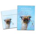 Load image into Gallery viewer, Cover of Forgetful Ostrich Belated Birthday card (featuring serif text above artwork of an ostrich holding a flower in its mouth) and its matching envelope
