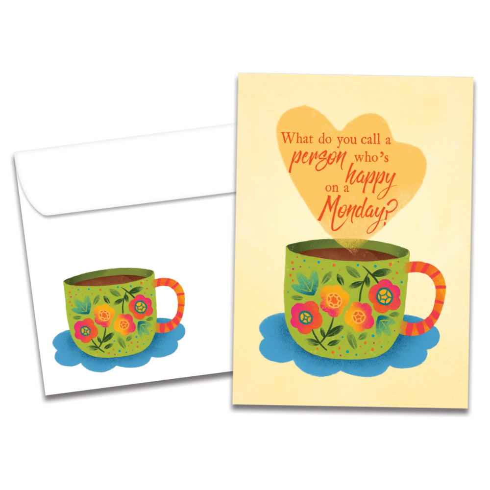 Cover of Happy Coffee Retirement card (featuring script and serif text above artwork of a floral mug filled with coffee) and its matching envelope