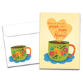 Load image into Gallery viewer, Cover of Happy Coffee Retirement card (featuring script and serif text above artwork of a floral mug filled with coffee) and its matching envelope

