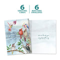 Load image into Gallery viewer, The cover and inside of Tree-Free’s Hummingbird Journey card, along with the following text: “6 greeting cards, 6 matching envelopes”
